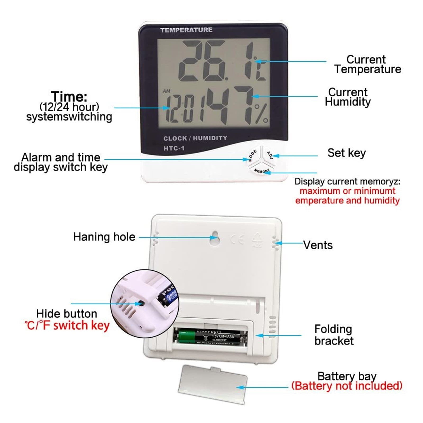 LCD Digital Temperature Humidity Meter Home Indoor Outdoor Hygrometer Thermometer with Clock ,Simple Operation