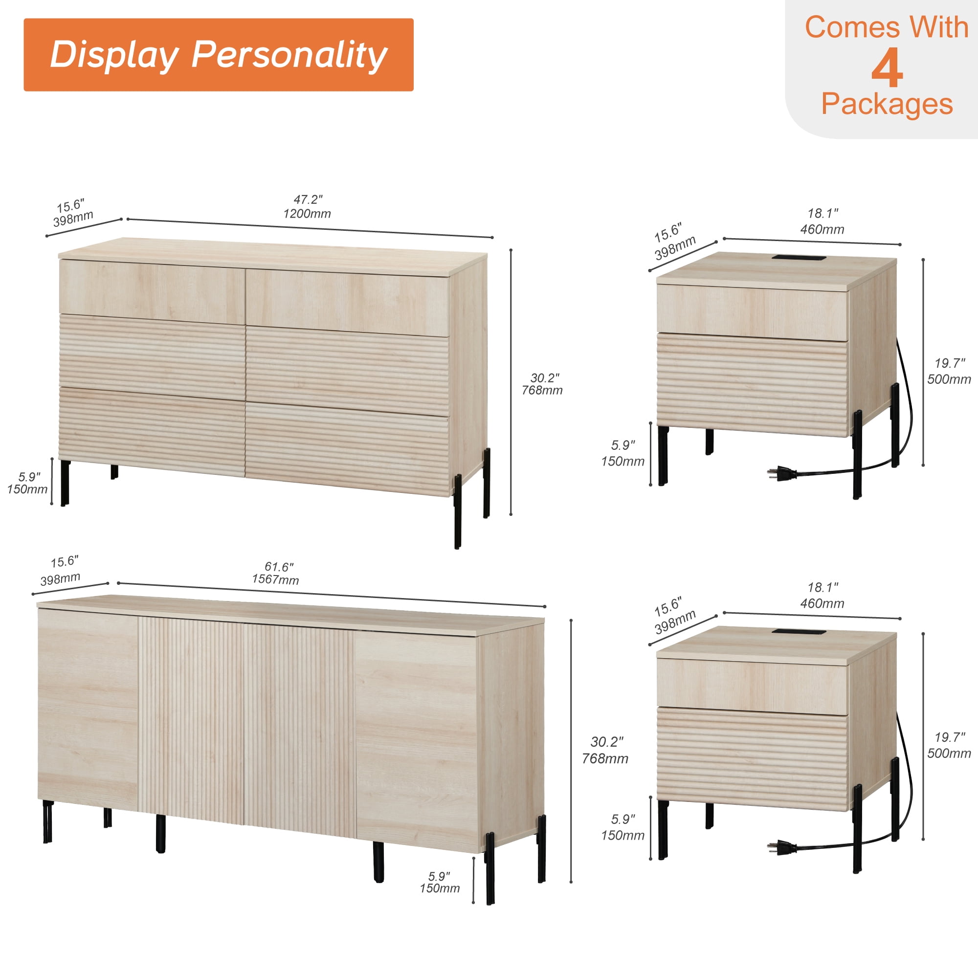 4 Pcs Bedroom Set,6 Drawer Dresser And Nightstand Sets For Bedroom,Night Stand Set Of 2, Modern Accent Cabinet With Hidden Handles, Reed Pattern & Double Chopsticks Legs
