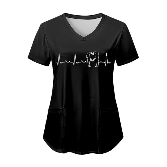 felwors Scrub Tops for Women Short Sleeve Working Uniform with Pocket Summer ECG Heart Graphic Print V Neck Stretchy Holi T Shirts (Black, L)