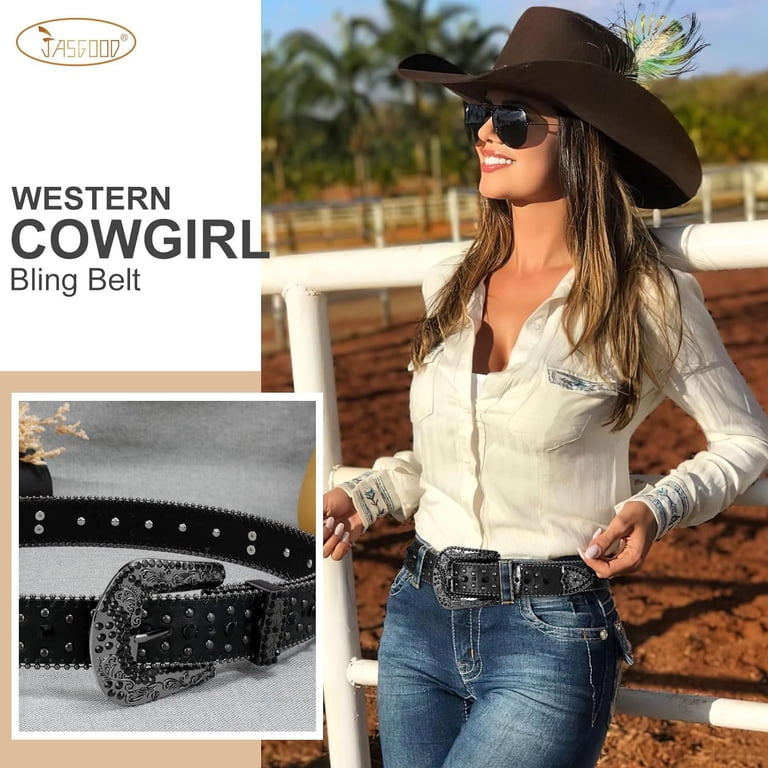 Western Rhinestone Studded Leather Belt Unisex Bling Cowgirl Cowboy Waist Rhinestone Studded Belt for Men Women, Western Leather Belt  main image 2
