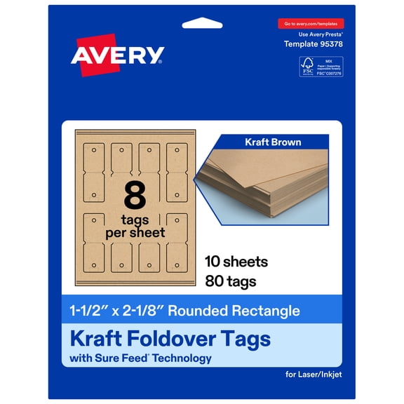 Avery Rounded Foldover Tags, 1-1/2" x 2-1/8", Kraft Brown, 80 Total