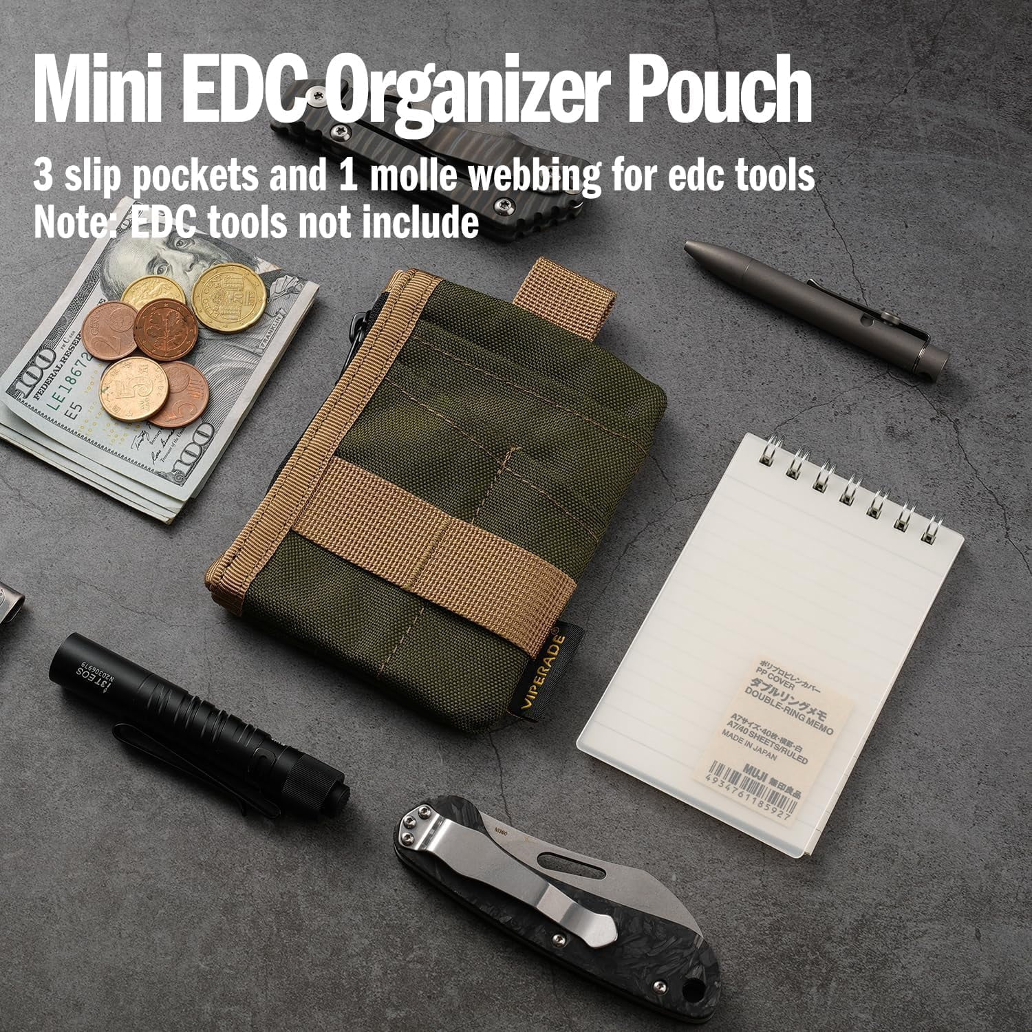 VIPERADE 6-in-1 EDC Pouch, 500D Compact EDC Pocket Organizer, Molle Extension Tool Storage Bag, Small Coin Purse/Card Holder/Swiss Army Knife Pocket Pouch (Green/Tan)