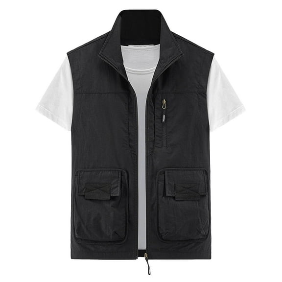 Yindaity Men Full-Zip Lightweight Softshell Vest Quick Dry Outdoor Casual Multi Pocket Fishing Vests Sleeveless Jacket for Hiking Golf Black,2XL