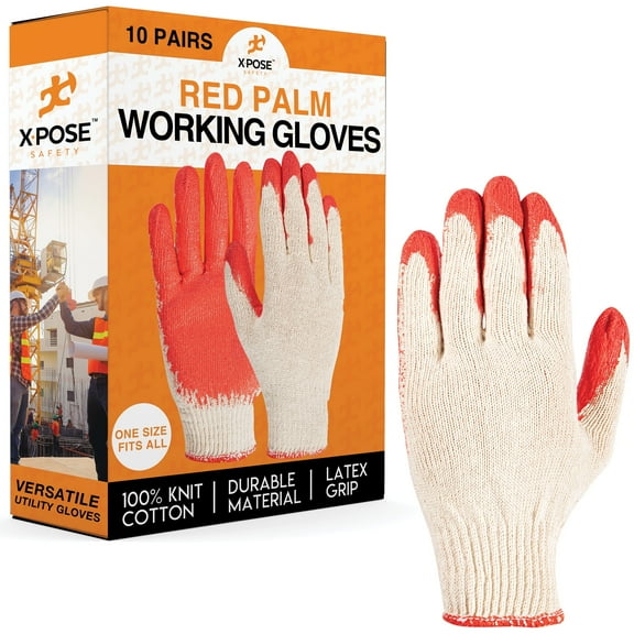 Palm Working Gloves, Latex Rubber Coated Knit with Grip, Durable Safety for Construction, Electrician, Warehouse, Mechanic - 10 Pack