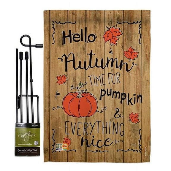 Breeze Decor BD-HA-GS-113064-IP-BO-D-US17-BD 13 x 18.5 in. Hello Autumn Time for Pumpkin Fall Harvest & Vertical Double Sided Mini Garden Flag Set with Banner Pole