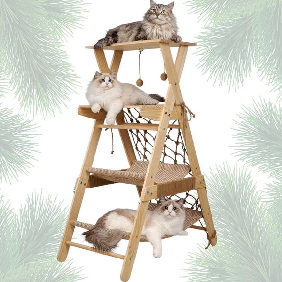 AIWFL Cat Tree Tower for Large Cats, 43.3" Multi-Level Wooden Cat Hammock & Sisal Scratching Posts Cat Condo, Outdoor Indoor Activity Center