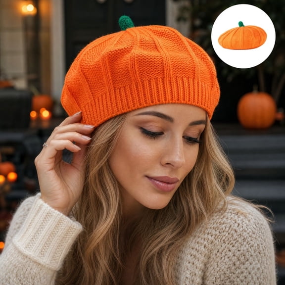 Halloween Pumpkin Beret Hat for Men Women, Themed Holiday Costume Cap, Festive Headwear for Halloween Party