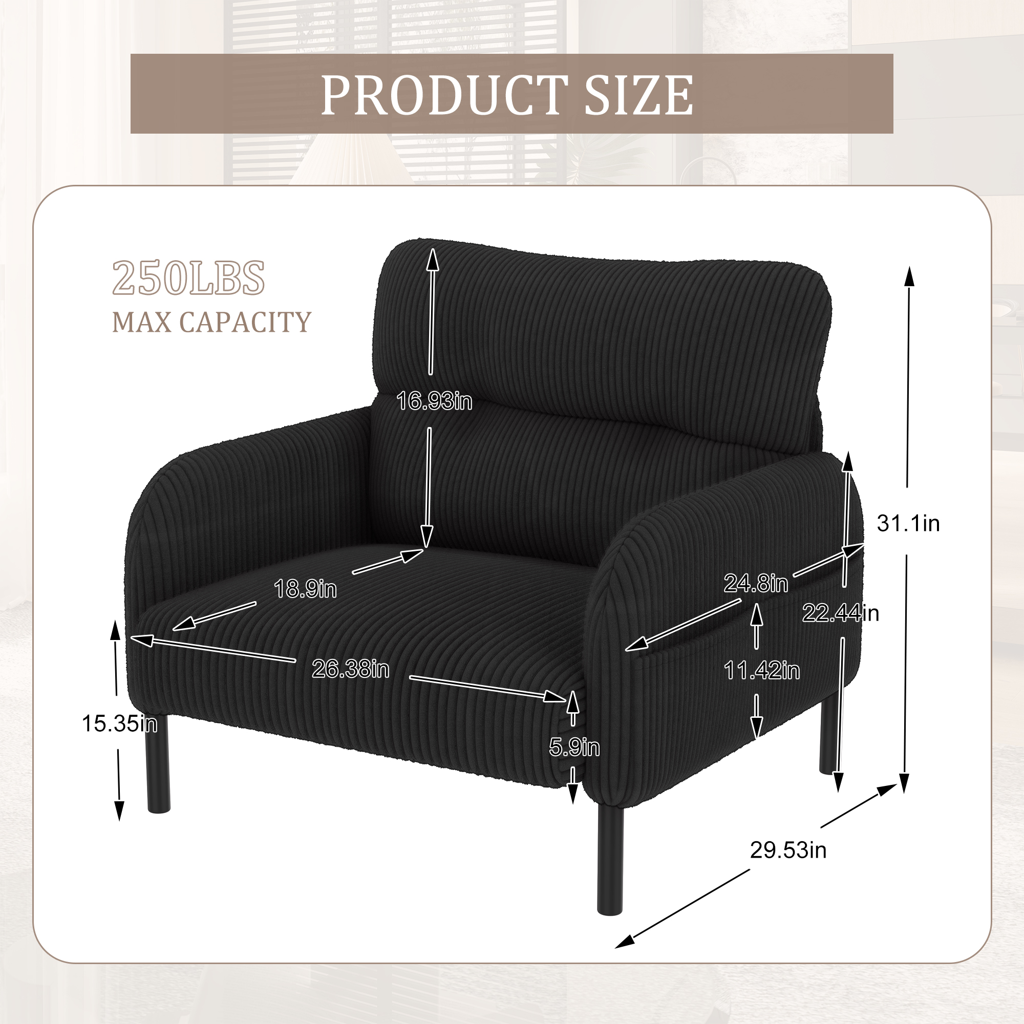 MOONMISS Corduroy Upholstered Comfortable Single Wood Frame Armchair for Living room and Bedroom-Black