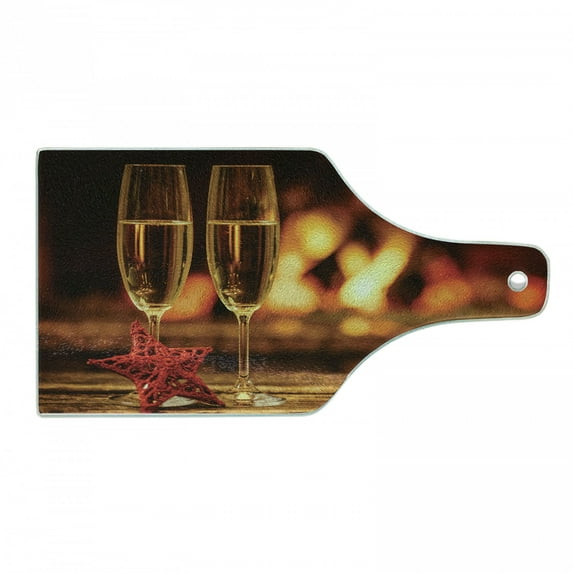 Fireplace Cutting Board, Cozy Romantic Photo with Champagne Glasses on Blurred Log Fire Backdrop, Decorative Tempered Glass Cutting and Serving Board, in 3 Sizes, by Ambesonne