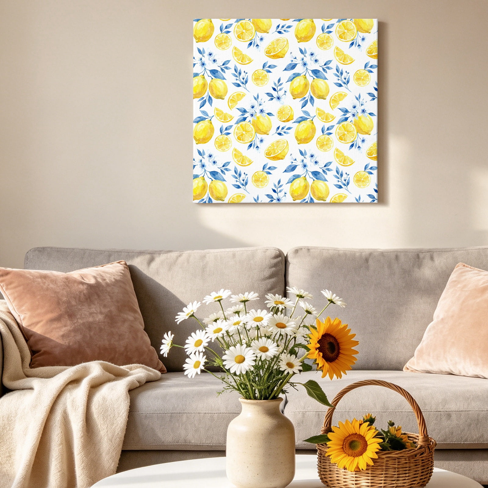 Summer Fruit Canvas Wall Art for Living Room, Watercolor Lemon Cute Frangipani Blue Leaf Farmhouse Poster Print Painting for Bedroom Office Home Decoration Wall Pictures Prepare To Hang 16"x16"