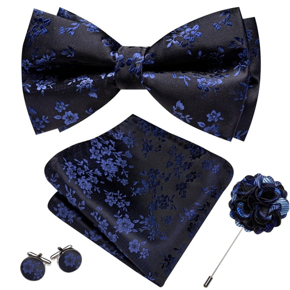 Conjunto de Corbatín Barry.Wang Floral Azul Marino y Negro en Seda