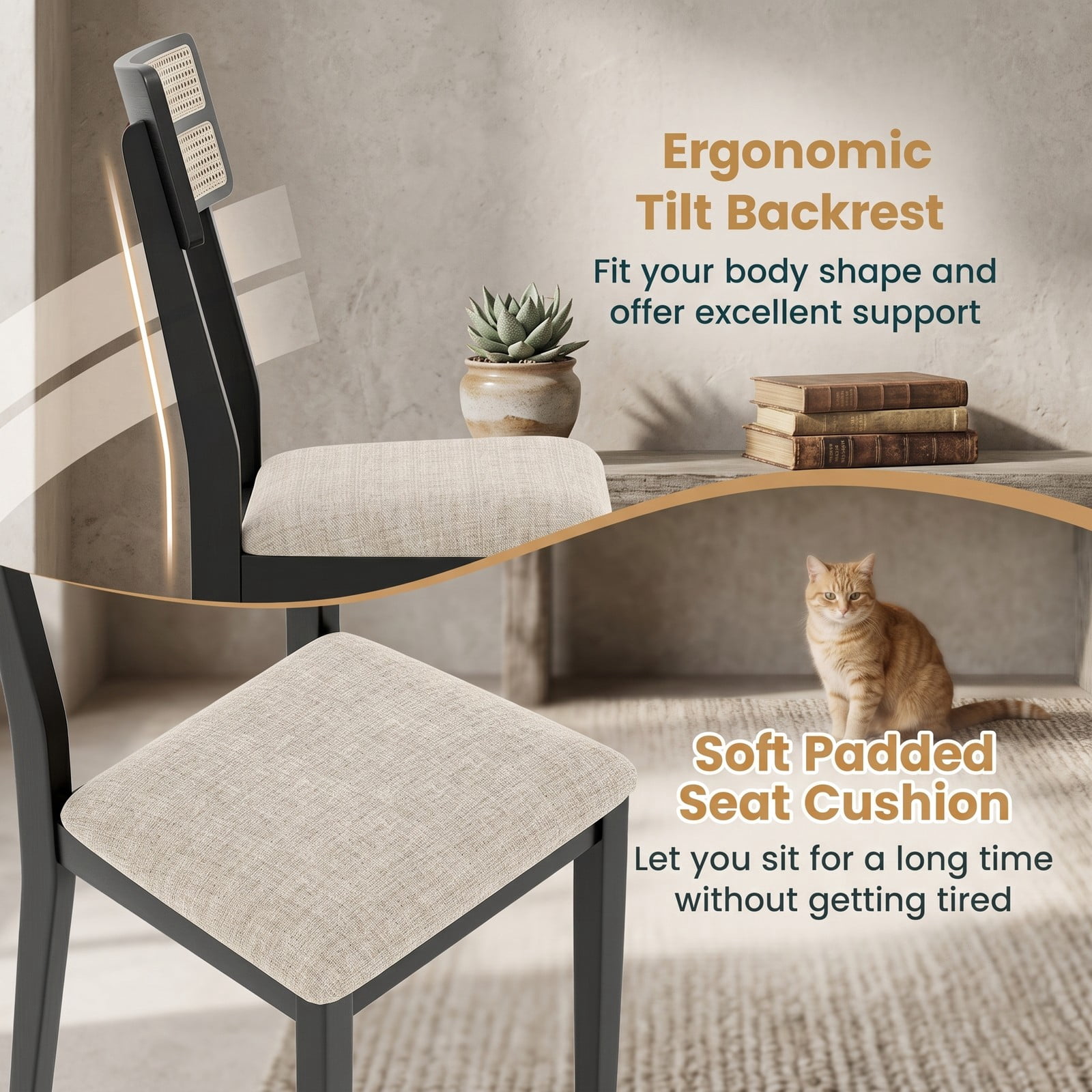 Furnibear Modern Dining Chairs Set of 4, Upholstered Linen-Feel Fabric Kitchen Chairs with Tilt Backrest and Rubber Wood Legs, Padded Accent Side, Beige and Black