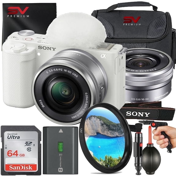 Sony ZV-E10 II Mirrorless Camera (White) with 16-50mm Lens   SanDisk 64GB Memory Card   Pistol Grip Tripod   SV Premium Accessory Bundle