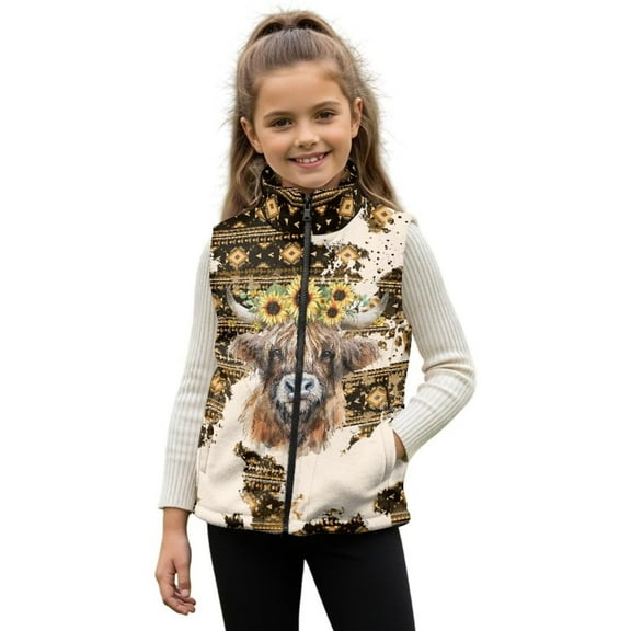 Xixirimido Aztec Highland Cow Sunflower Pattern Kids Zip-up Vest for Girls Boys Sleeveless Fleece Vest with Pockets Stand Collar Jacket Kids Fall Winter Outwear for 4T