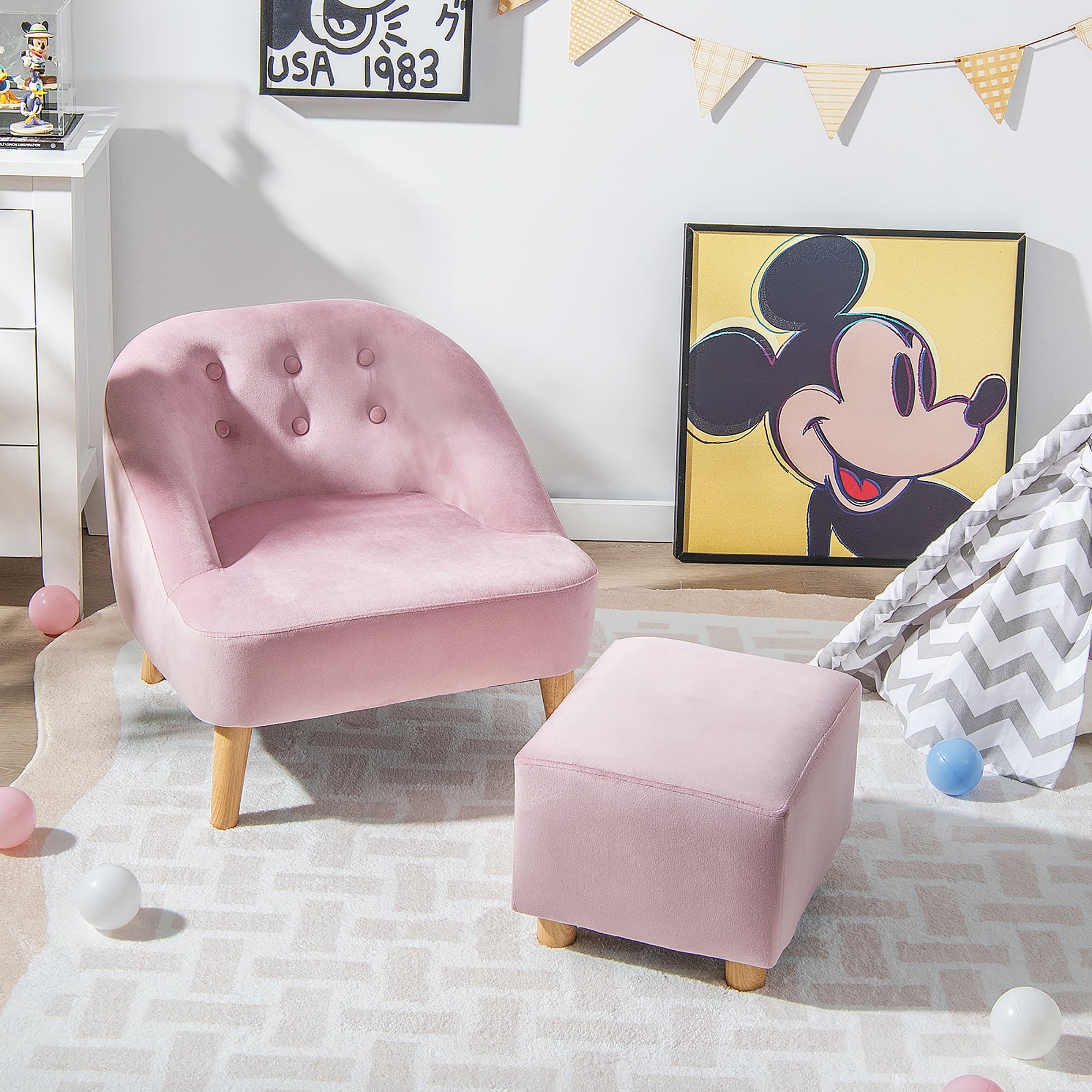 Costway Kids Sofa Chair w Ottoman Toddler Single Sofa Velvet Upholstered Couch Pink Walmart