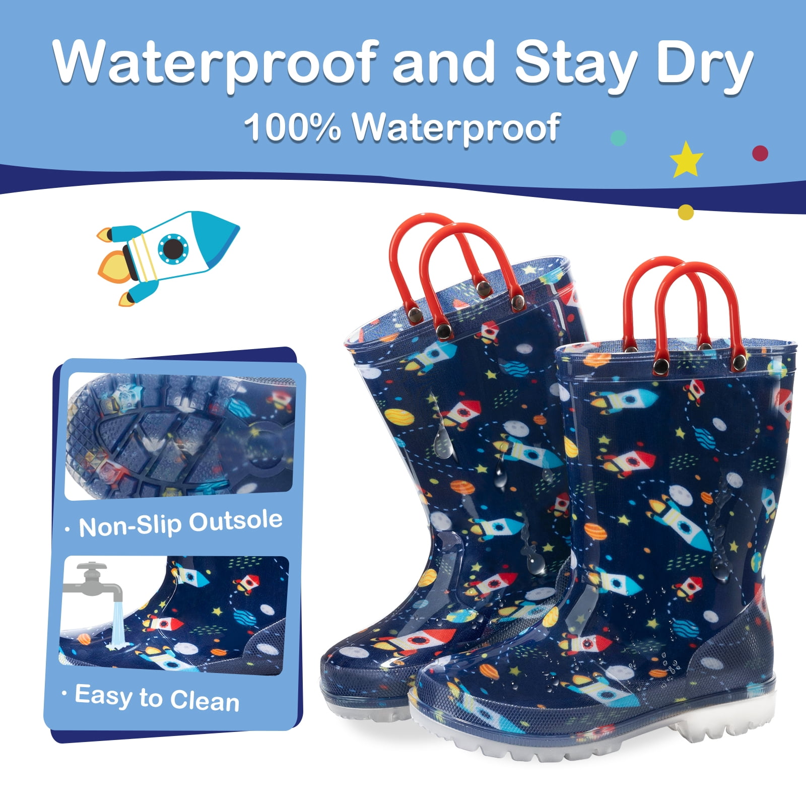 FUNCOO PLUS Toddler Kids Rain Boots Boys Light Up Waterproof Boots with Handles, Navy Space, Toddler Size 7