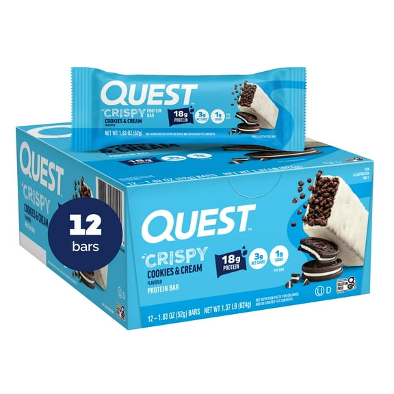 Quest Crispy Protein Bar, Cookies & Cream Flavor, Protein Rich, Low Sugar, 12 Count