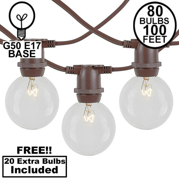 Novelty Lights Guirlande Lumineuse Extérieure à Boules G50 Incandescente Transparente de 100 Pieds, en Ligne, Qualité Commerciale, Pavillon de Jardin Arrière-Cour, Lumières de Café, Marché et Patio, Fil Brun, 80 Prises