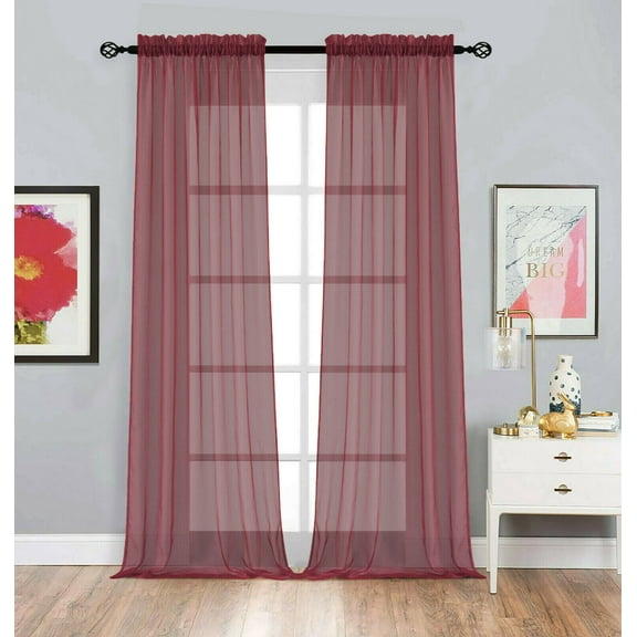 Basic Home Rod Pocket Sheer Voile Window Curtains - Burgundy, 84 in. Long