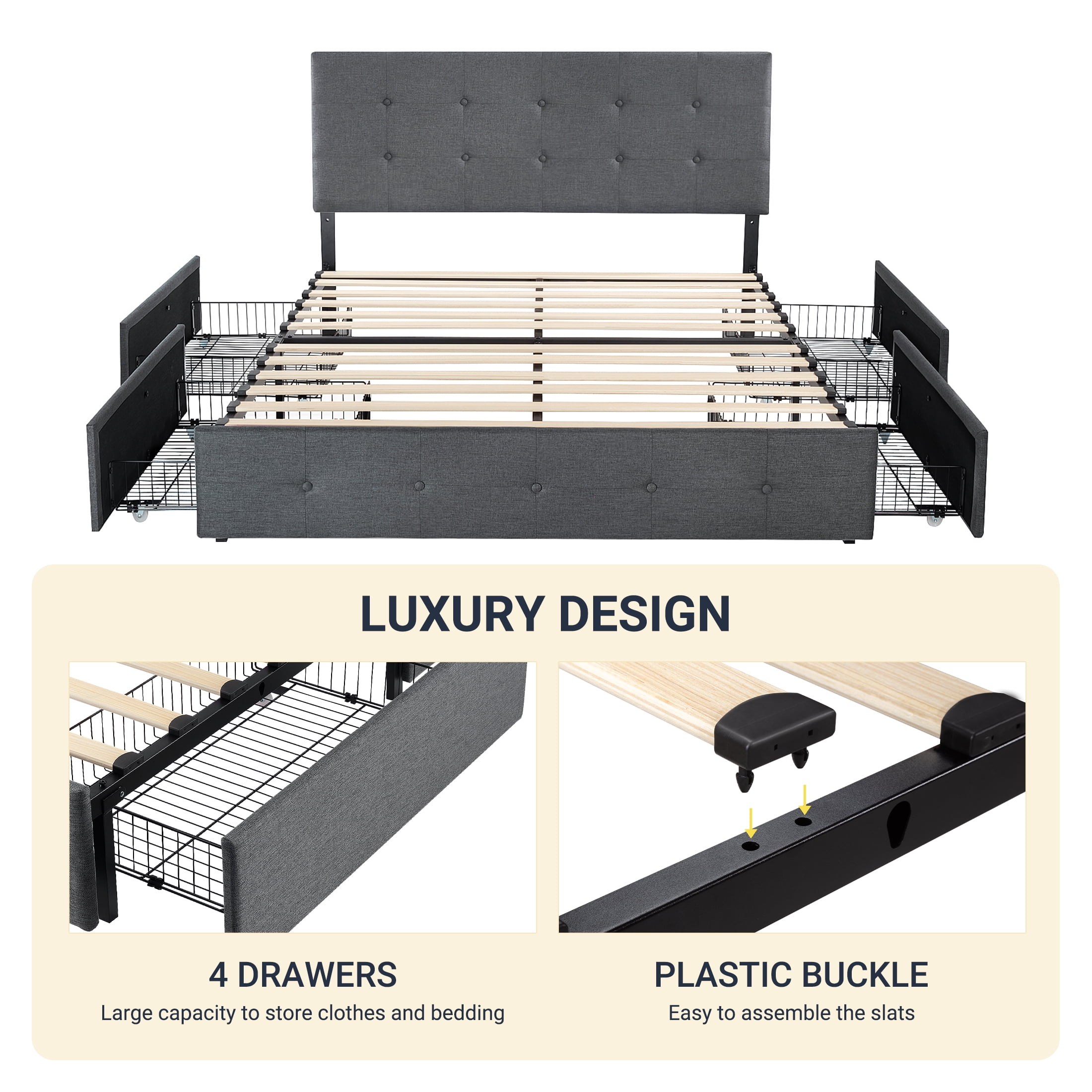 Sifurni Queen Size Upholstered Platform Bed Frame with 4 Drawers Storage and Square Stitched Button Tufted Headboard, Dark Grey