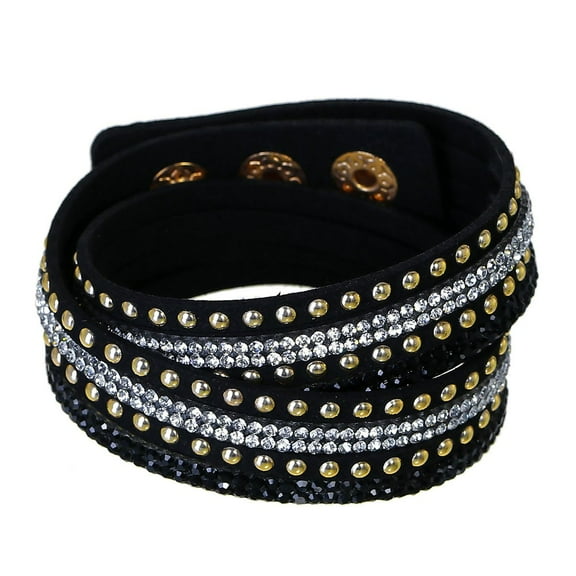 Sexy Sparkles Suede Velvet Multi Layer Wrap Adjustable Bracelet for Women with Rhinestones Golden Black Slake Button Clamp Adjustable
