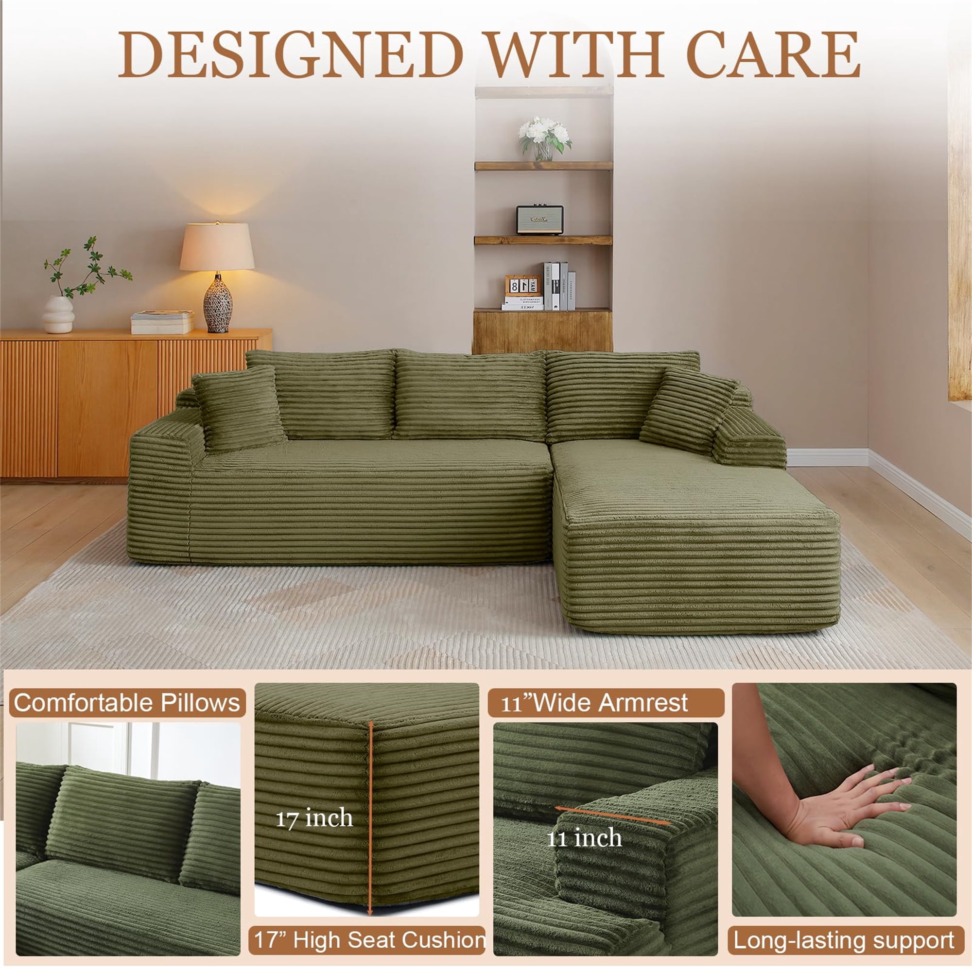 Aukfa 105" Cloud Sectional Sofa Boneless Couch Modular Sofa Bed for Living Room, 2Pillows, Right Chiase, Corduroy, Green