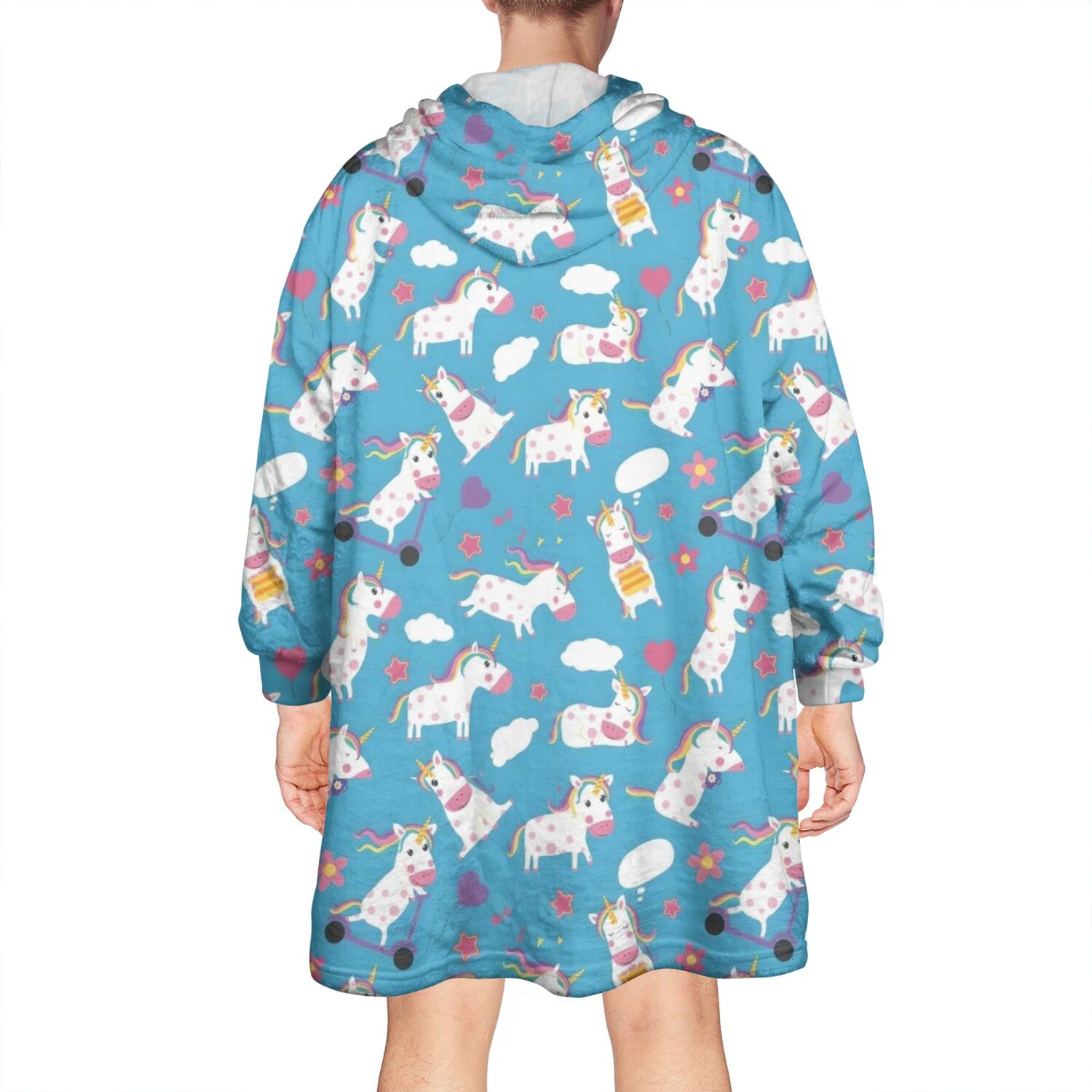 Wearable Oversized Blanket,Blue Cartoon Unicorn Cloud Flower Pattern Wearable Blanket Hoodie for Adults,Cozy Hooded Blankets with Super Pockets,Super Warm Fuzzy Pullover for Women & Men