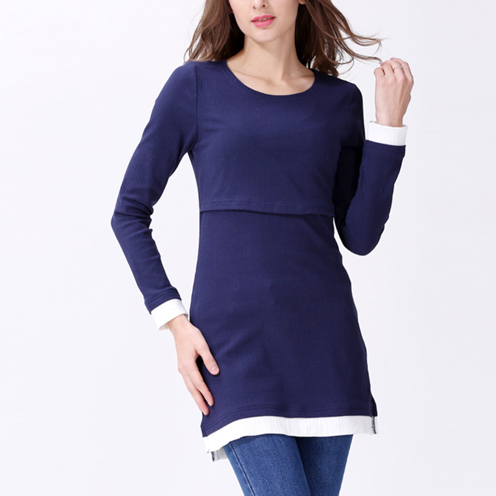 Dxzfnsa Womens Maternity Clothes Long Sleeve Maternity Tops Women Fashion Solid Color Long Sleeve Breastfeeding Blouses Round Neck Pregnancy Clothes