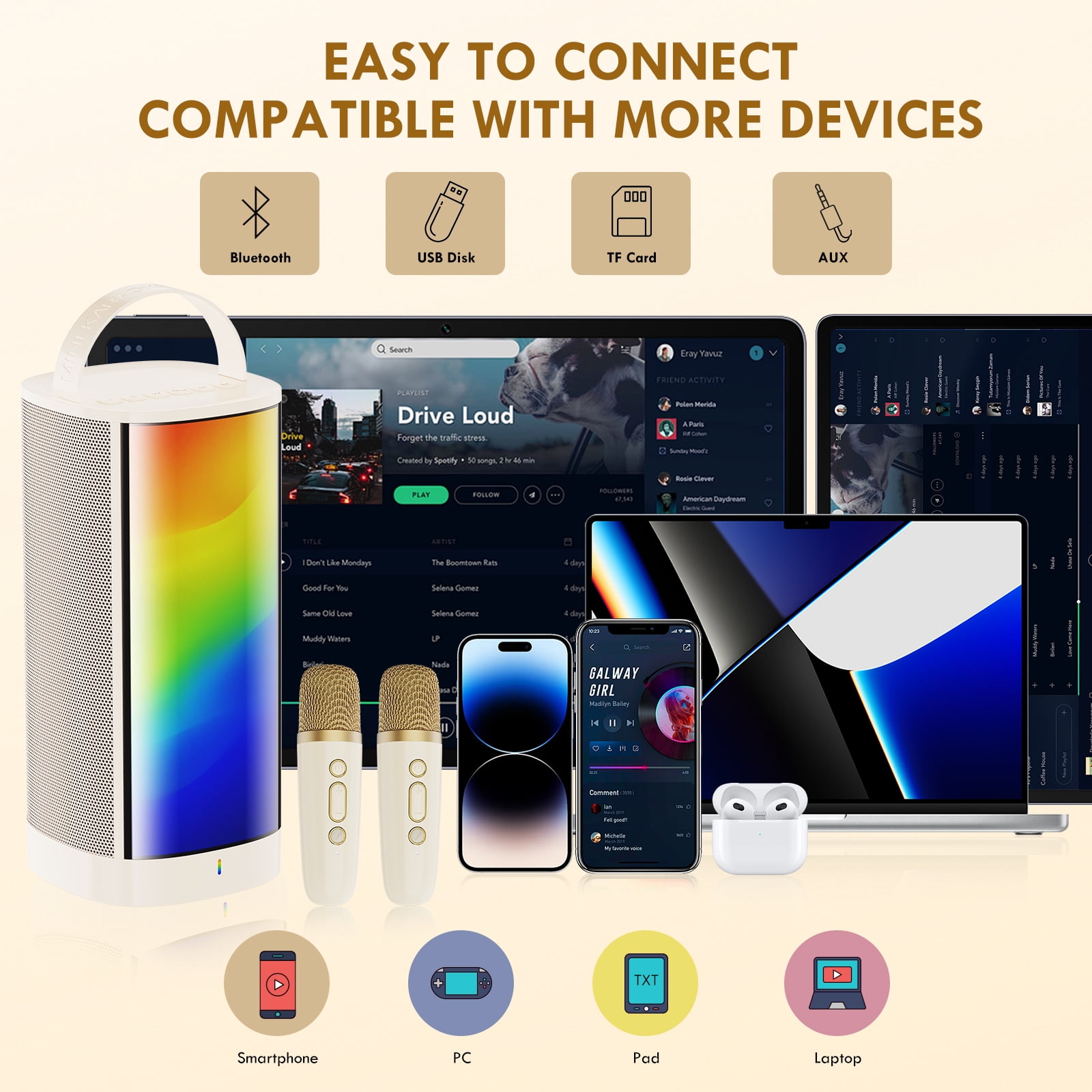 JAUYXIAN Karaoke Machine for Kids Adults, Portable Karaoke Speaker Bluetooth with Rgb Lights, 2 Mics, Usb, Best Gift for Girls/ Boys