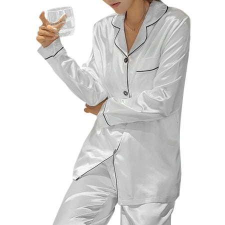 

SANAG Women Silky Pajama Set Button Sleepwear Lapel Long Sleeve Loungewear Nightwear