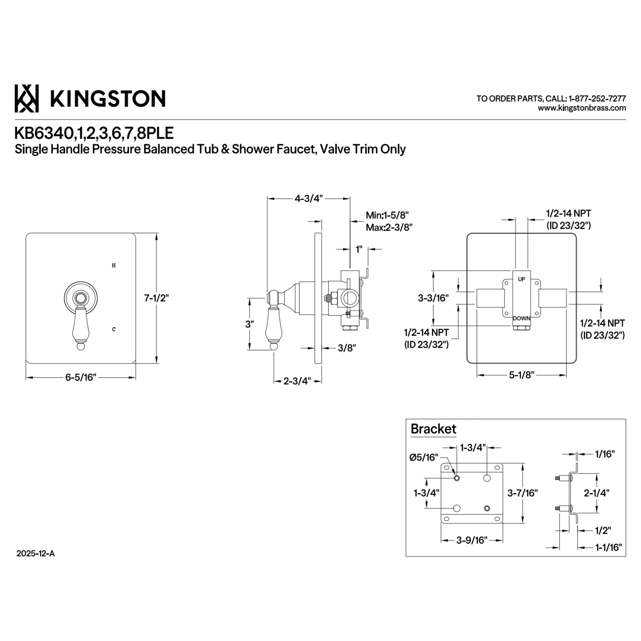 Kingston KB6340PLE Demure Single-Handle Pressure Balanced Shower Valve and Trim Set - Valve Included, Matte Black