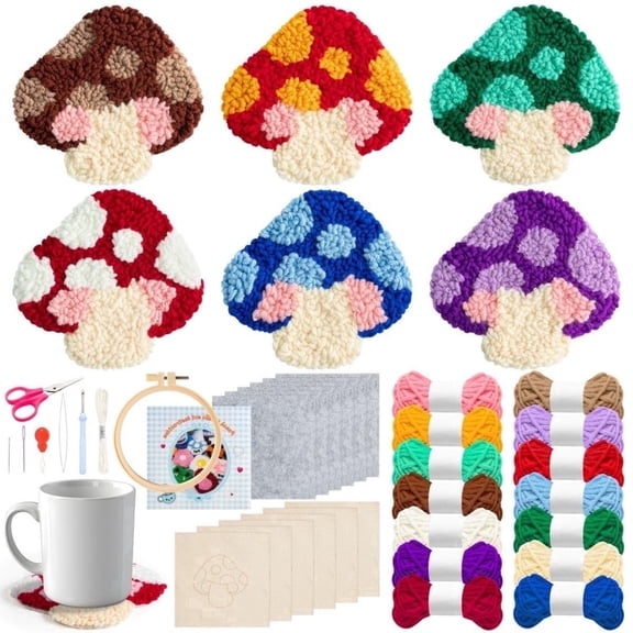 Laffact Diy Mushroom Pattern Punch Needle Coaster Craft Kit,6 Counts