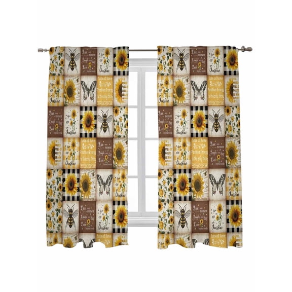 Sunflowers Curtains 72 Inch Length, Sheer Curtains for Bedroom Living Room Window Retro Country Butterfly Bee Floral Plaid Rod Pocket Voile Drapes Kitchen Curtains Small Half Window 52"x72" 2 Panels