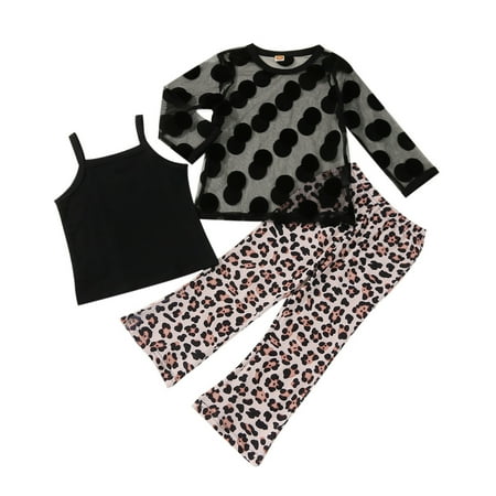 

Kids Toddler Baby Girls Long Sleeve Polka Dot Tulle Tops Leopard Printed Pants With Vest Outfit Set Clothes 3PCS