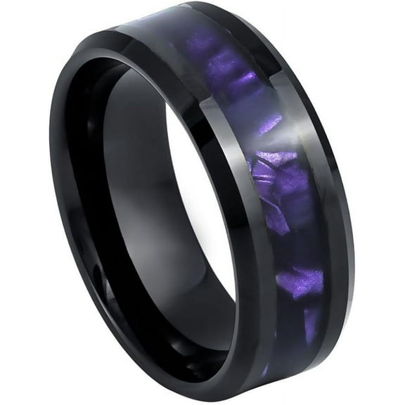 Ring for Men and Ladies Black IP Plated with Faux Purple Tiger Cowrie Inlay – 8mm Wedding Band Ring Ideal Rings for Couples