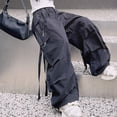 thumbnail image 4 of NOLDARES Girls Parachute Pants Kids Elastic Waist Wide Leg Cargo Pants Y2K Street Baggy Trousers with Pockets(Black,8-10 Y), 4 of 7