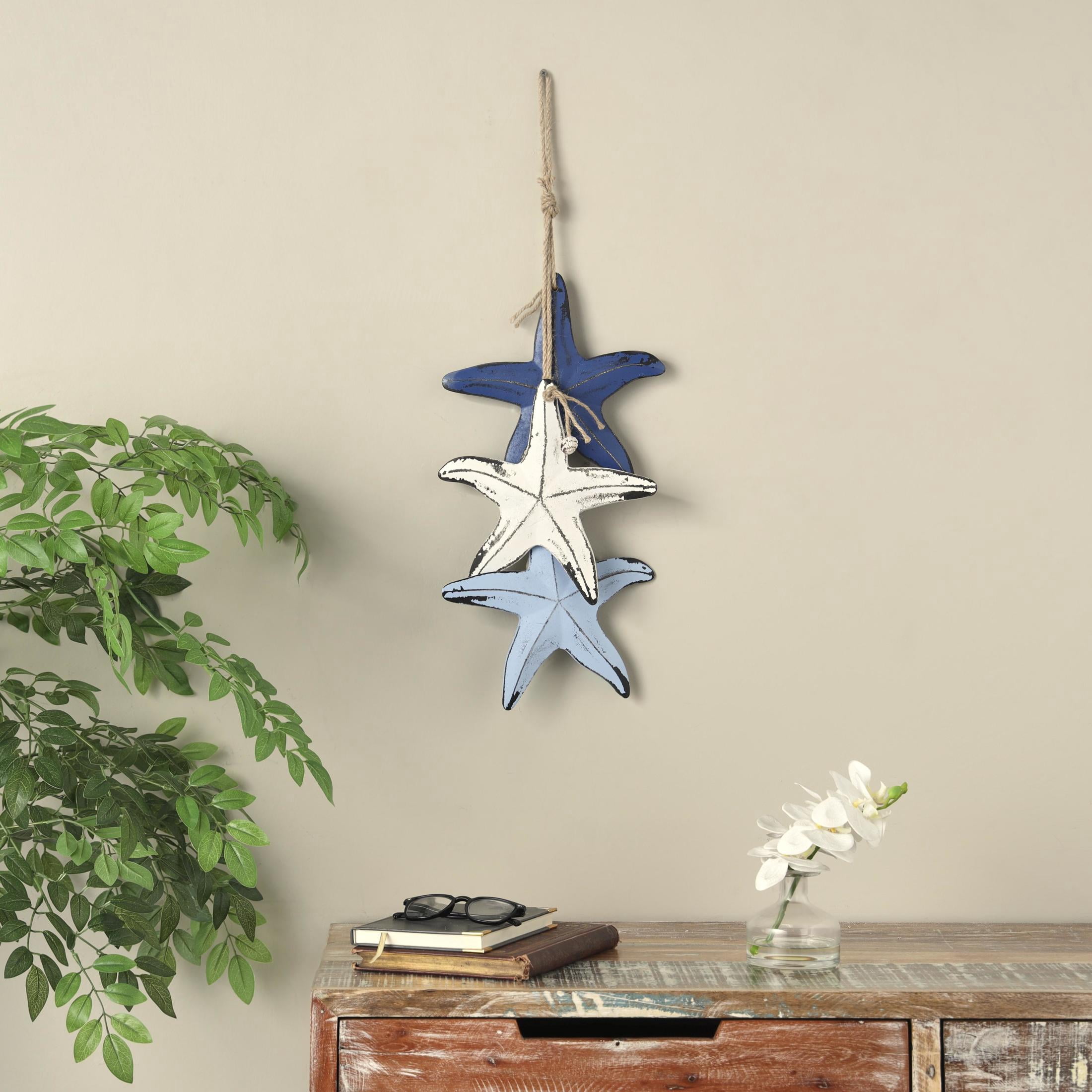 DecMode Blue Wooden Distressed Layered Starfish Wall Decor with Hanging Rope and Decorative Shell Accents