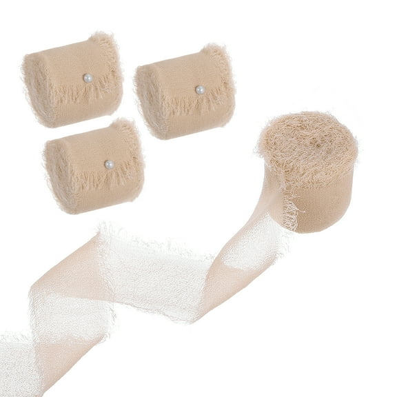 Uxcell 4 Rolls 1"x5.5Yd Chiffon Ribbon Handmade Fringe Chiffon Silk Ribbon Natural