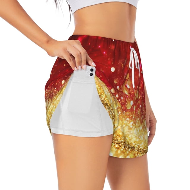 Balery Red Gold Glitter Pantalones cortos deportivos para mujer con forro y dos bolsillos, elásticos, para entrenamiento, gimnasio, yoga-XX-Large