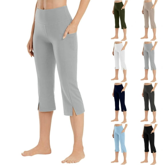 SEAOPEN Capri Pants for Women High Waist Workout Yoga Pants with Pockets Tummy Control Leggings Crop Straight Gray,L