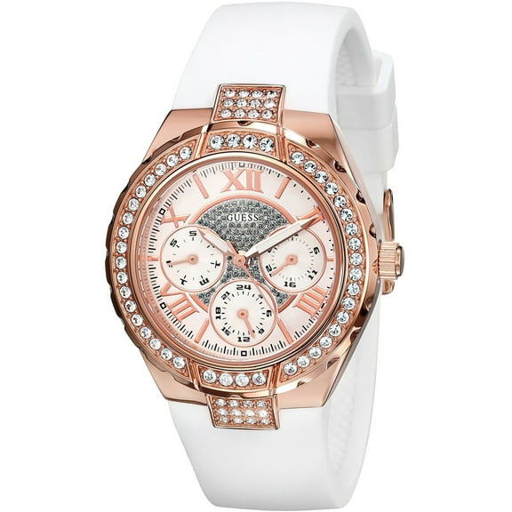 GUESS Women's W0300L2,Casual,Multi-function,stainless steel,white silione strap,Crystal Accented Bezel,WR