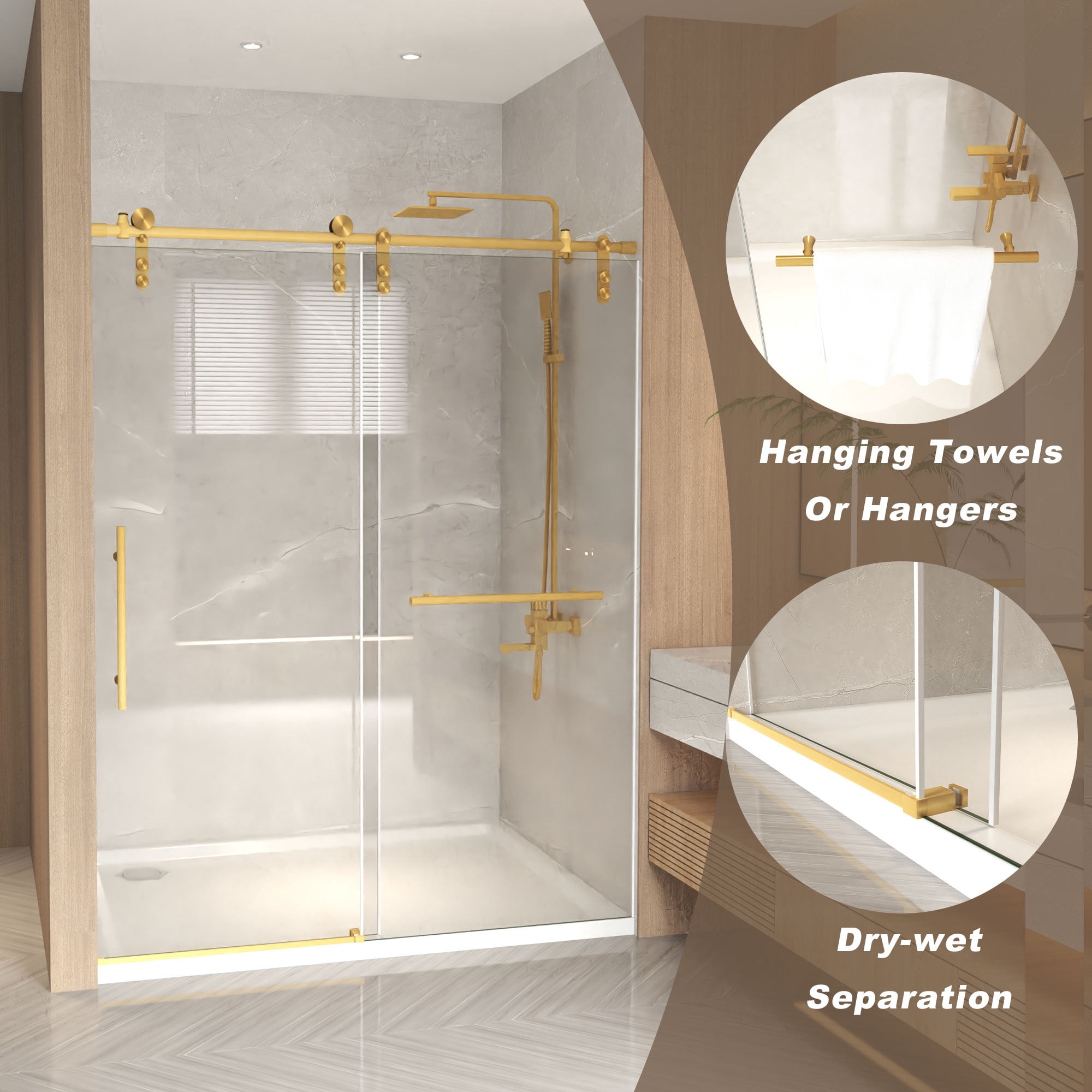 Leumius 50-54" x 76" H Frameless Sliding Shower Door, 5/16" Clear Tempered Glass,Stainless Steel Frame for Bathroom,Brushed Gold
