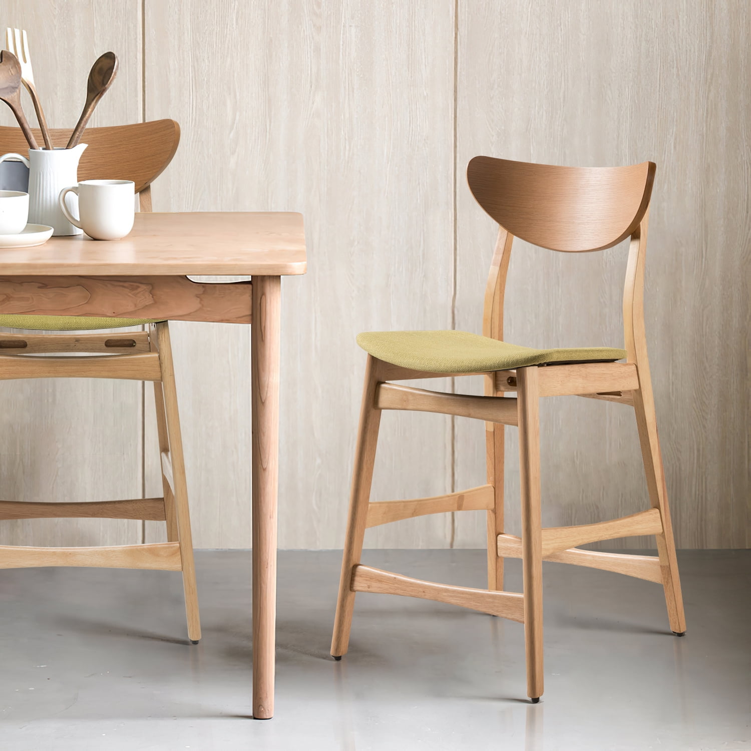 Kadyn Mid-Century Modern Counter Stool, Fabric Upholstered Barstool with Backs and Wood Legs, Leisure Padded Chair for Coffee House, Brown