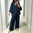 thumbnail image 2 of Womens Cotton Linen Sets 2 Piece Oversized V-neck Loose Top and Wide Leg Pants Sets Casual Vacation Outfits Navy XXL, 2 of 6