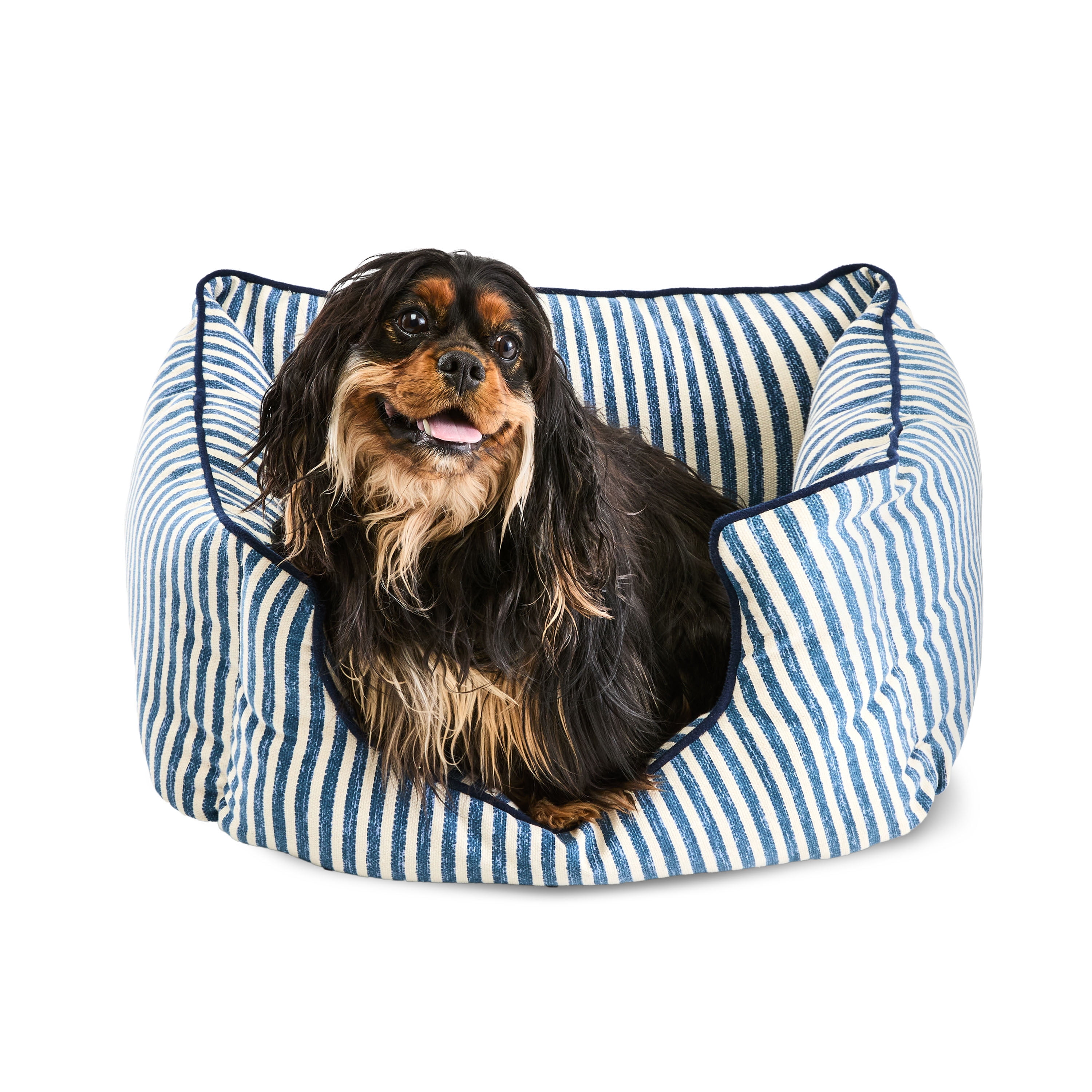 Vibrant Life Medium High Wall Striped Dog Bed, Blue and Cream, 21" x 27"