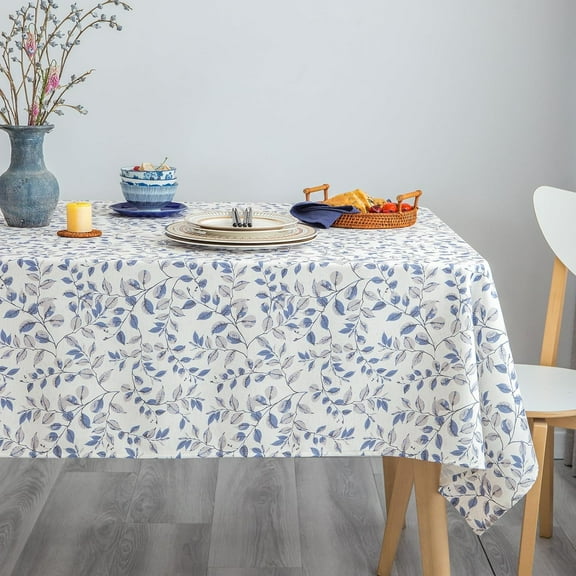 Rustic Tablecloth Classic Plant Leaf Printed Linen Fabric Table Cover Farmhouse Decoration 60x84 inches Rectangle/Oblong Blue for Kitchen Dining