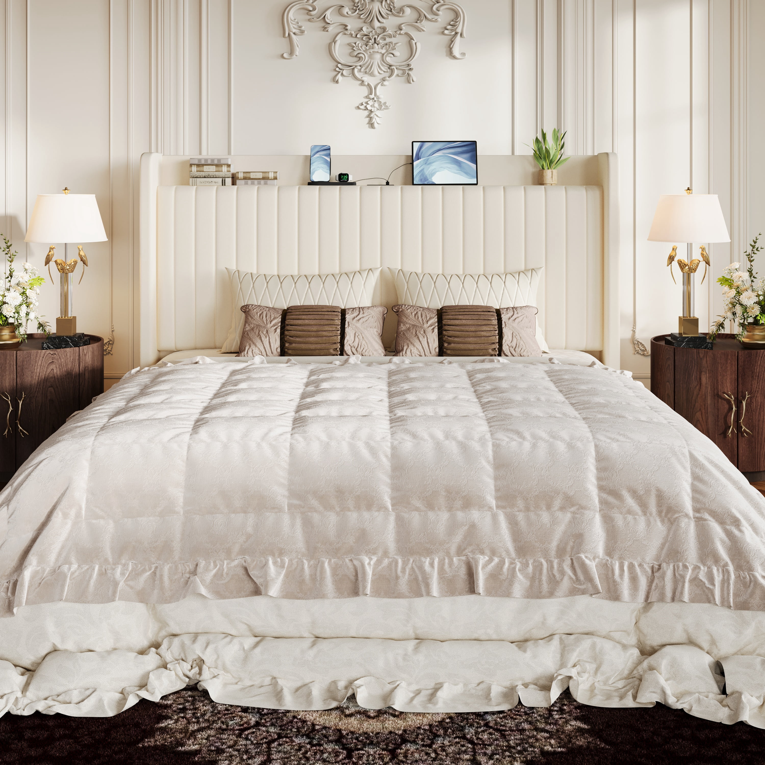 Amolife King Size Lift Up Storage Platform Bed Frame with Velvet Built-in Charging Station Wingback Headboard, Cream