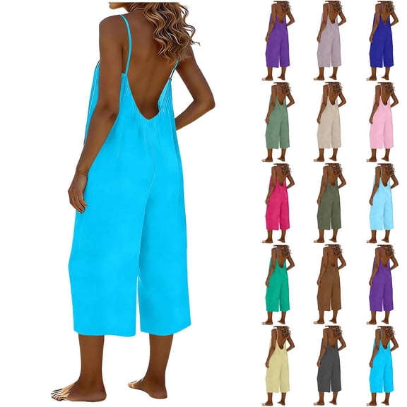 Jinhomg Capri Jumpsuits for Women Backless Spaghetti Strap Summer Jumpsuits Wide Leg Cropped Pants Rompers with Pockets Blue XL