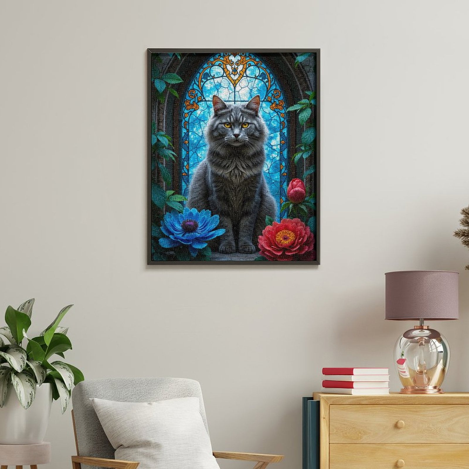 Paint By Numbers Kit for Adults Beginner - Cat Stained Glass Flowers Vibrant Scene DIY Canvas Painting Kits for Adults, Frameless Paint By Number for Adults for Home Wall Decor 16x20 Inch