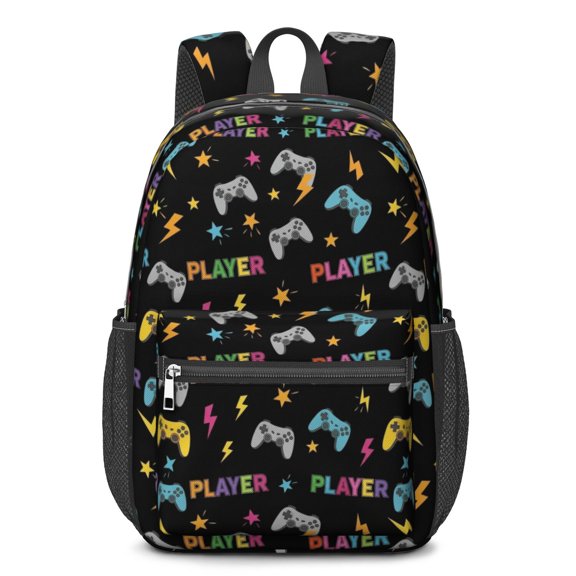 Game Controller Black Pattern 17" School Backpacks for Teens,Waterproof Oxford Fabric,S-Shape Padded Straps for School,Travel,Hiking,Camping